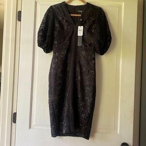 NEW With Tag Floral Lace Detailed Puff Sleeve Midi Dress By Badgley Mischka